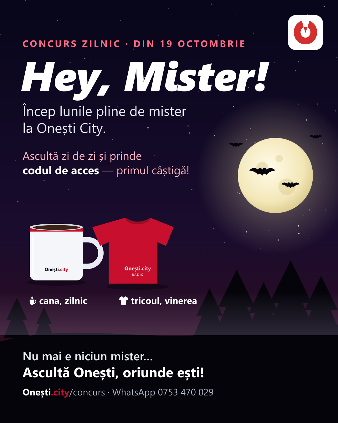 Hey, Mister! Codul zilei — concurs Onești City Radio, premii: cană și tricou Onești City